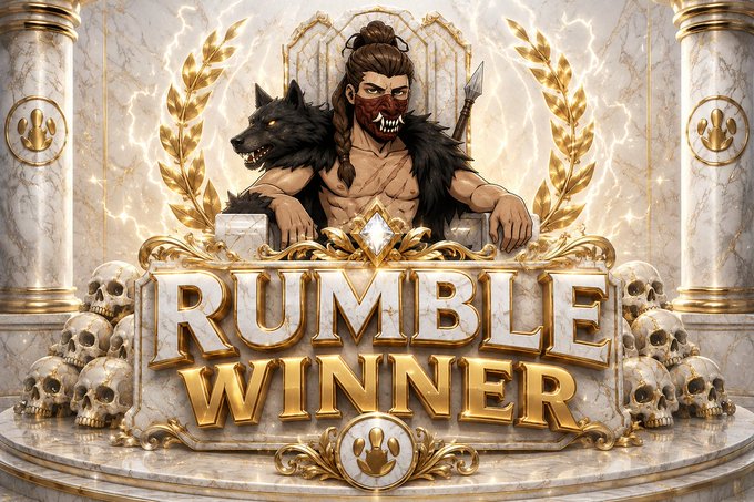 A digital fantasy graphic displays 'RUMBLE WINNER' in gold lettering beneath a fierce warrior wearing a demon mask alongside a wolf, surrounded by skulls and laurel wreaths.