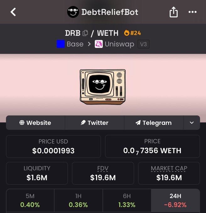 A DexScreener-style token page for 'DebtReliefBot' (DRB/WETH) on Base Uniswap V3, ranked #24, showing price $0.0001993, FDV $19.6M, and 24H change of -6.92%.