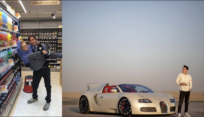 A side-by-side image: on the left, a man carrying another person on his back in a supermarket aisle with a username 'Alkoholfrittillsistdryck'; on the right, the same man standing next to a silver Bugatti Veyron convertible in a desert landscape.
