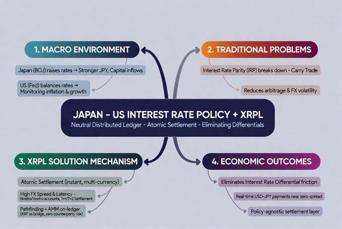 An infographic titled 'JAPAN – US INTEREST RATE POLICY + XRPL' detailing macro environment factors, traditional carry trade problems, XRPL solution mechanisms like Atomic Settlement, and economic outcomes.