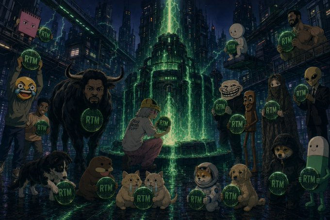 A digital artwork features various characters, memes, and animals—including a crying laughing emoji, a trollface, a Minion, and several dogs and cats—all holding green glowing coins labeled "RTM" in front of a futuristic cyberpunk city.