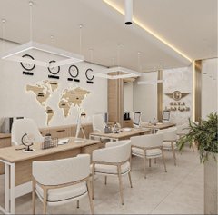 A modern travel agency office in Dubai features sleek desks, neutral-toned chairs, and wall art including clocks and a world map, symbolizing global luxury travel services. The setting aligns with Dubai's growing support for crypto payments in luxury bookings via Binance Pay, BitPay, or stablecoin settlements.