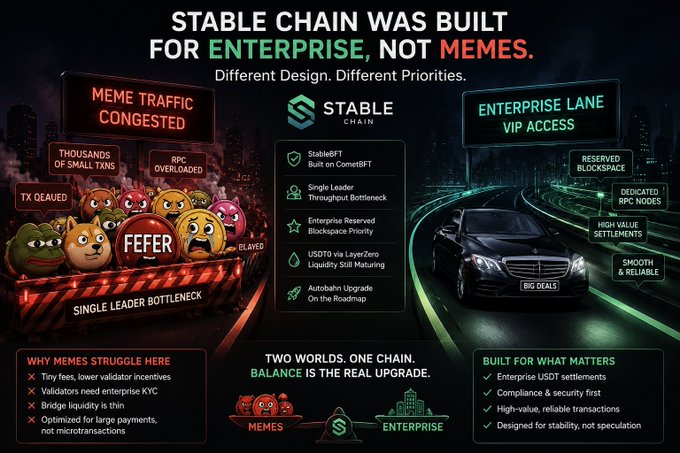 The image is a promotional graphic for **Stable Chain**, headlined "STABLE CHAIN WAS BUILT FOR ENTERPRISE, NOT MEMES," contrasting a congested meme traffic lane (featuring the $FEFER token symbol) with a smooth VIP "Enterprise Lane" highlighting features like StableBFT, USDto via LayerZero, and enterprise USDT settlements. It visually supports the post's claim that the chain's "bottleneck" issues aren't a bug but a design choice prioritizing high-value enterprise transactions over retail memecoin swaps.