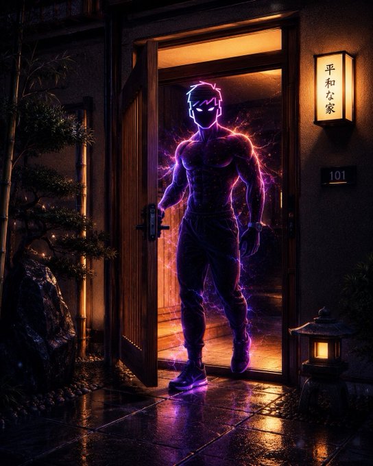 Digital art of a glowing purple, energy-wreathed humanoid figure stepping out of a doorway marked '101' with an East Asian sign reading '平和な家' (Peaceful House) beside it.