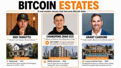 A Bitcoin Estates promotional graphic lists 'Gidi Taprutu', 'Champeng Zhao (CZ)', and 'Grant Cardone' with property images and Bitcoin information.
