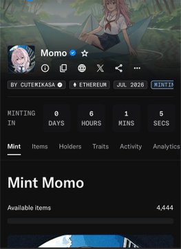 A mobile app interface shows the 'Mint Momo' NFT collection page, featuring an anime-style character, with minting starting in 0 days, 6 hours, 1 minute, and 5 seconds, and 4,444 items available.