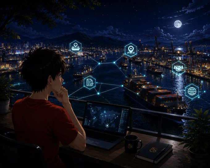 An anime-style illustration shows a person sitting at a desk with a laptop and a coffee mug, looking out over a nighttime city harbor. Floating holographic icons depicting a map pin, document, handshake, and globe suggest global trade and blockchain connectivity.