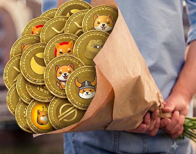 A person holds a bouquet of gold cryptocurrency coins featuring various dog-themed meme tokens, symbolizing a rewarding crypto portfolio. The image visually represents the post's message that holding tokens like $LUNC and $SHIB is like giving yourself the best gift in life.