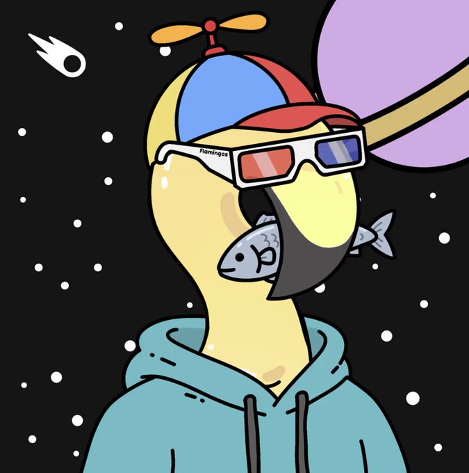 A cartoon illustration of a flamingo wearing a propeller beanie and 3D glasses, holding a fish in its beak against a starry space background with Saturn.