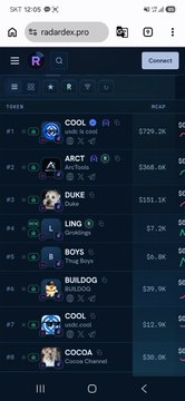 The image shows a mobile browser screenshot of the RadarDex (radardex.pro) token listing on Arc Chain, displaying tokens like COOL ($728.2K), ARCT ($306.6K), DUKE ($155.1K), LING ($7.2K), BOYS ($6.8K), BULLDOG ($39.9K), COOL ($12.2K), and COCOA ($30.9K) in their market list. The screenshot supports the post's criticism of RadarDex by showing their interface displaying only select tokens, visually illustrating the claim that they have been hiding or obscuring other coins issued on competing platforms within their wallet ecosystem.