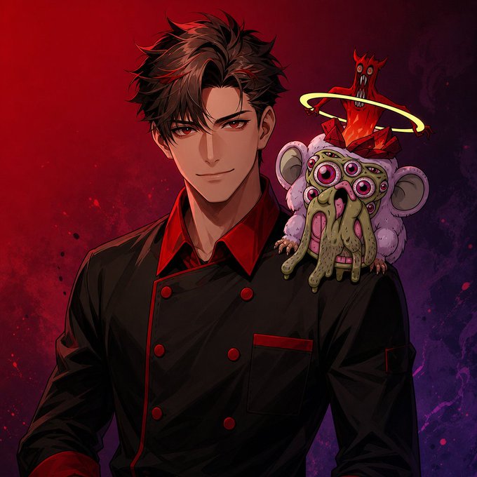 An anime-style digital illustration of a confident young man with messy brown hair in a black and red chef-style uniform, with a bizarre multi-eyed creature and small demon perched on his shoulder against a dark red and purple background.