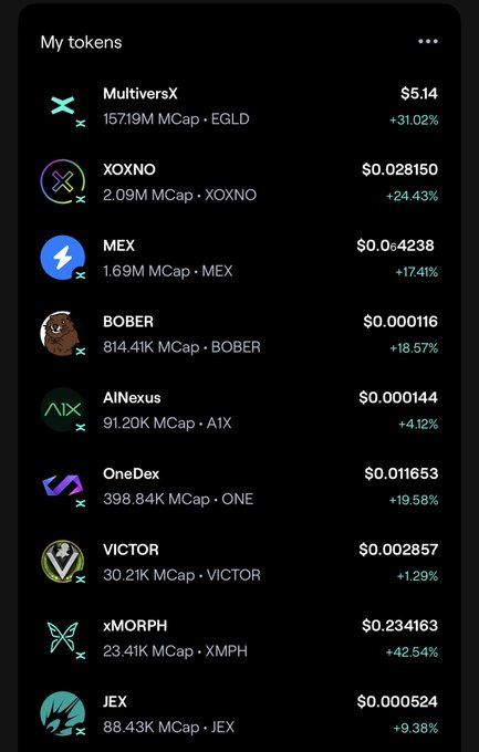A mobile app screen displaying 'My tokens' with various cryptocurrencies and their prices, including MultiversX (EGLD) at $5.14, XOXNO at $0.028150, MEX at $0.004238, BOBER, AINexus, OneDex, VICTOR, xMORPH, and JEX.