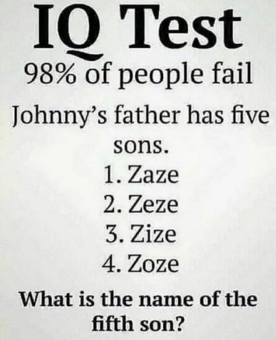 An "IQ Test" meme asking "Johnny's father has five sons" with the first four listed as Zaze, Zeze, Zize, and Zoze, challenging readers to identify the fifth son's name—the trick answer being "Johnny." The image appears to be used as engagement bait for a cryptocurrency giveaway, luring users with the promise of a $2,000 USDT prize to retweet, follow, and like.