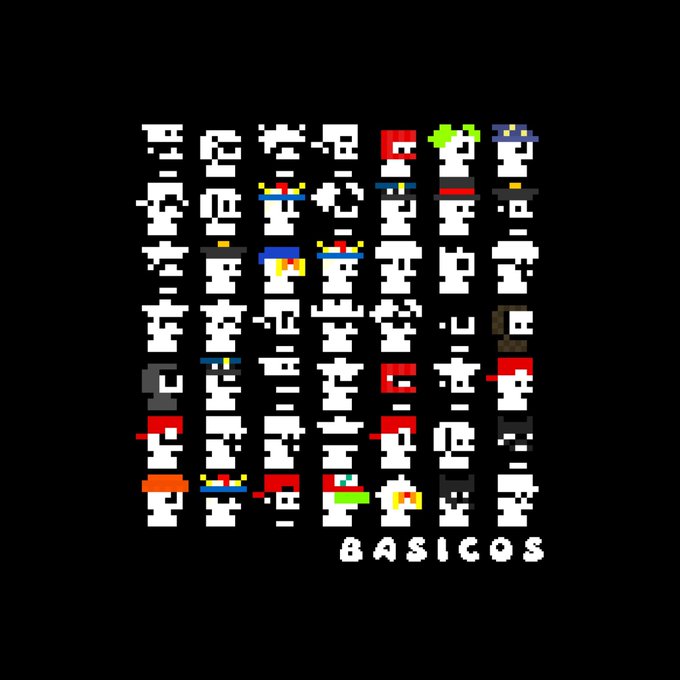 A pixel art sprite sheet displaying various 8-bit character designs with different hats and features on a black background, labeled 'BASICOS' at the bottom.