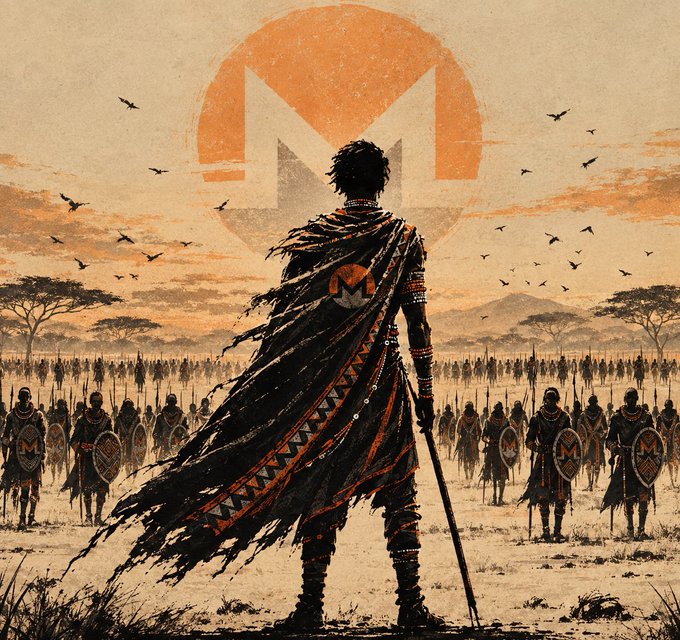 An illustrated artwork showing a warrior figure viewed from behind, wearing a tattered cape, standing before a vast army under a setting sun with the Monero cryptocurrency logo.