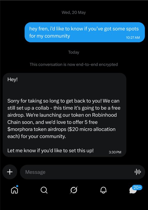 A text message exchange where a sender proposes a collaboration offering 5 free $morphora token airdrops ($20 micro allocation each) to a community in connection with a token launch on Robinhood Chain. This supports the claim that projects on Robinhood Chain are actively reaching out to communities for promotional partnerships.