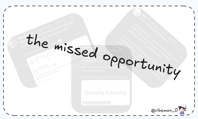 An illustrated graphic titled 'the missed opportunity' with faded screenshots of messages about the '$130,000 CARD Wallet exploit' in the background, signed @vibeman_0.