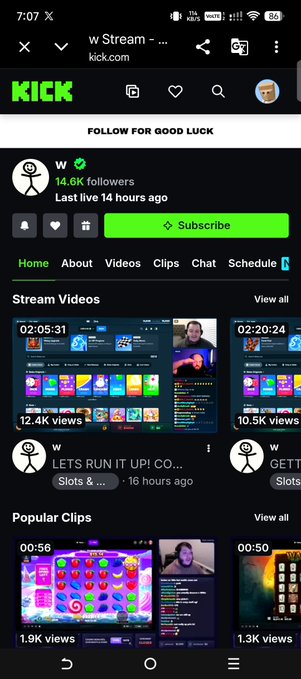 A mobile screenshot of the Kick.com streaming platform showing a profile page for 'w Stream' with 14.6K followers, featuring Stream Videos like 'LETS RUN IT UP! CO...' with 12.4K views.