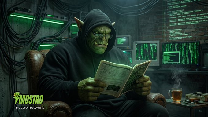 A digital illustration of a green-skinned orc wearing a hoodie and glasses, sitting in a leather chair reading a newspaper in a dimly lit room with green matrix-style code on monitors, branded with 'Mostro mostro.network'.