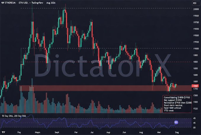Ethereum (ETH/USD) daily chart from August 2024 to August 2026 showing a major downtrend from highs near $20,000, with price currently consolidating around the $1,800 support zone as noted by the "DictatorX" analysis box highlighting key support at $1,800-$1,930 and resistance at $2,000, with the 50/200 SMA crossover suggesting a bearish short-term outlook.