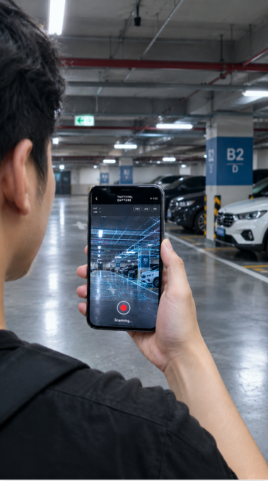 An over-the-shoulder view of a person using a smartphone to record a video of cars in a parking garage, with a digital overlay effect visible on the phone screen.