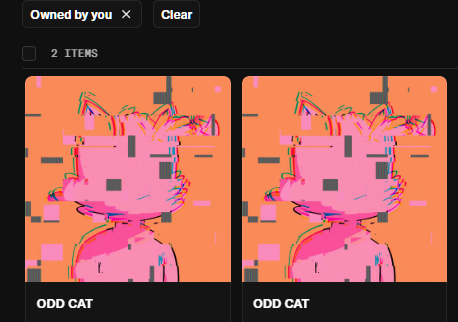 A digital storefront showing two identical pixelated glitch-art NFT items titled 'ODD CAT' featuring a pink cat character on an orange background.