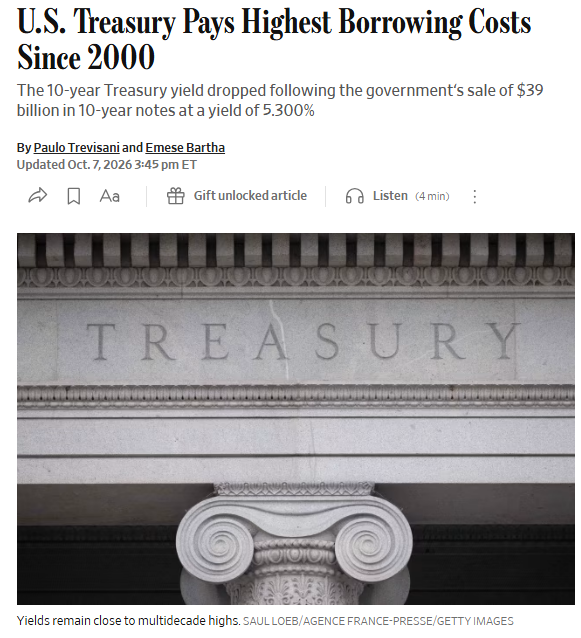 A news article headline reading 'U.S. Treasury Pays Highest Borrowing Costs Since 2000' about 10-year Treasury notes sold at a 5.300% yield, featuring an image of the Treasury building.