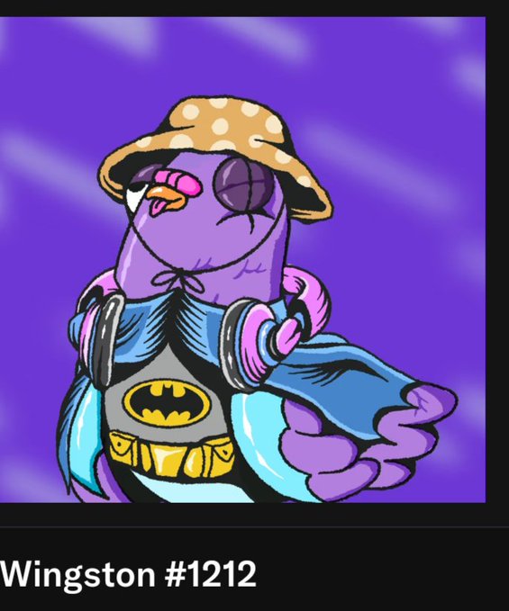 Digital illustration of a purple cartoon character named 'Wingston #1212'. The character wears a polka-dot bucket hat, a Batman logo t-shirt, a utility belt, and a blue cape, with stitched scars on its body, set against a purple background.