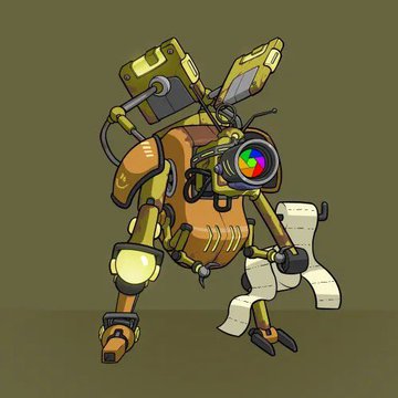 A 3D rendering of a yellow and orange robotic character with a rainbow-colored camera lens for a head and a roll of toilet paper attached to its body.