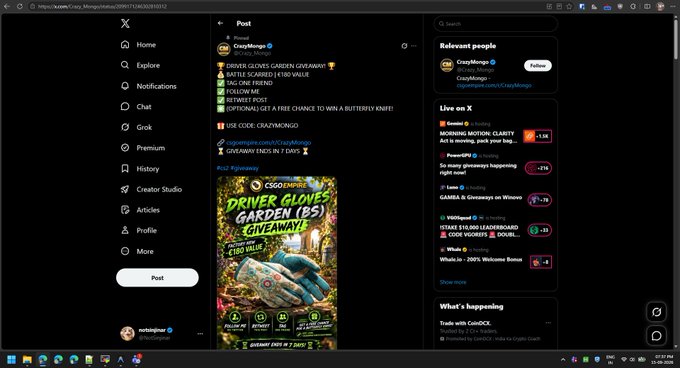 Screenshot of X (formerly Twitter) showing CrazyMango's pinned post about a "DRIVER GLOVES GARDEN (BS) GIVEAWAY!" with prizes including battle scars, SAG one friend, and optional items like a butterfly knife.
