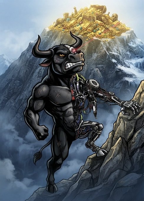 A digital illustration depicts a black robotic minotaur with an exposed mechanical torso climbing a rocky cliff toward a mountain peak covered in gold and treasure.