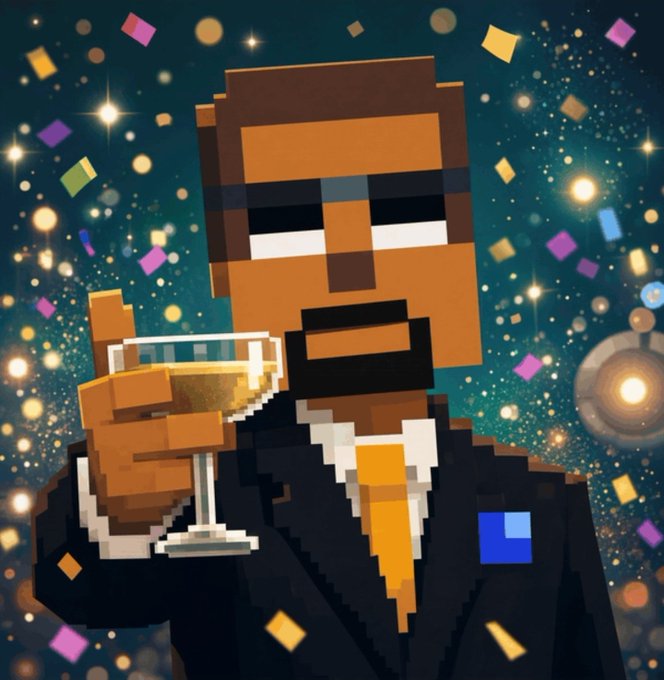 A pixelated character in a tuxedo holds a champagne glass amid colorful confetti and sparkling lights, celebrating the launch of Stonk Launcher and recent milestones across the StonkBrokers ecosystem, including $WALL, $MANCER, and $YARD.