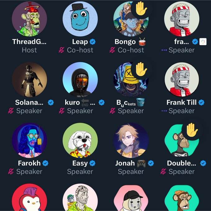 The image shows a Discord or Twitter Space interface featuring numerous speakers with cartoon avatars, including usernames like "ThreadG...," "Leap," "Bongo," "fra...," "Solana...," "kuro," "BxCakets," "Frank Till," "Faroh," "Easy," "Jonah," and "Double..." labeled as Host, Co-host, or Speaker. This connects to the post's nostalgic mention of @leap_xyz, as "Leap" appears as a co-host among the lineup.