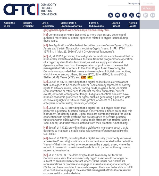 The image shows a screenshot from the CFTC (Commodity Futures Trading Commission) website displaying excerpts from the Joint Crypto Asset Taxonomy, which explicitly lists XRP alongside BTC, ETH, SOL, and XLM as digital commodities, providing formal regulatory recognition that supports the post's claim of clearer U.S. regulatory standing for XRP.