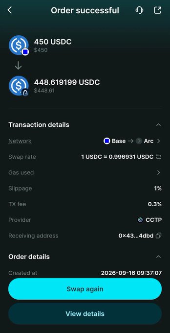 A mobile app screen displays a successful crypto swap order of 450 USDC from Base to Arc, showing transaction details and a 1% slippage.