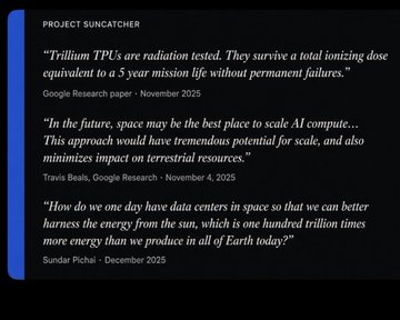 A black slide titled 'PROJECT SUNCATCHER' displaying three quotes about Trillium TPUs, space-based AI compute, and harnessing solar energy from Google Research, Travis Beals, and Sundar Pichai.