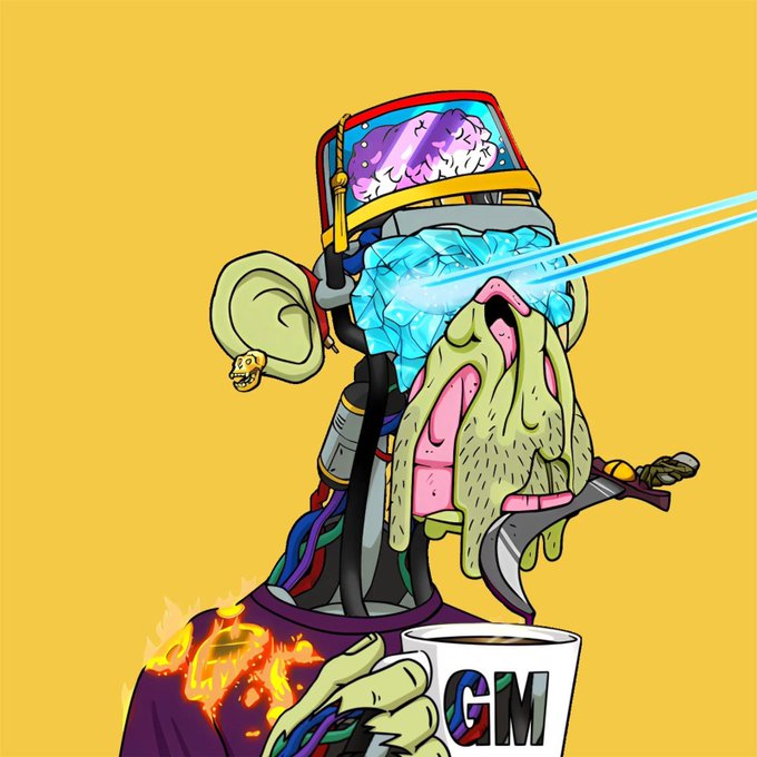 A distorted, cybernetic figure with a robotic head, exposed brain, laser-shooting eyes, and melting green slime holds a mug labeled "GM" against a yellow background, visually amplifying the post's casual "GM" (good morning) greeting from AntHood while depicting a high-intensity, frenzied energy behind the behind-the-scenes wallet scrubbing work mentioned.