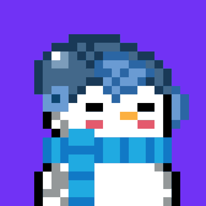 A pixel art snowman with a blue hat, scarf, and carrot nose is displayed on a solid purple background, likely serving as a promotional graphic for an upcoming NFT mint collection where followers are asked to share their wallet addresses.