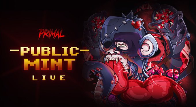 Promotional artwork for 'PRIMAL PUBLIC MINT LIVE' featuring a fierce, bloodied primate character with sharp fangs against a dark red background.