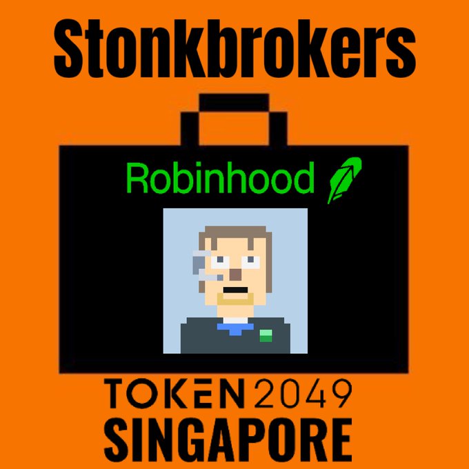 An orange graphic features a pixel-art briefcase labeled 'Robinhood' with the text 'Stonkbrokers' above and 'TOKEN 2049 SINGAPORE' below.