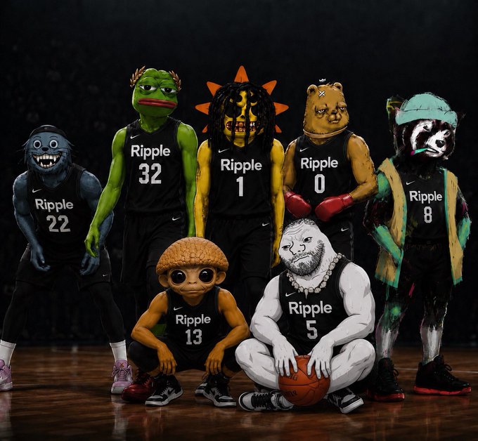 A group of seven meme characters, including Pepe, Wojak, and others, posing as a basketball team wearing black 'Ripple' jerseys with numbers like 32, 1, 0, 8, 22, 13, and 5.
