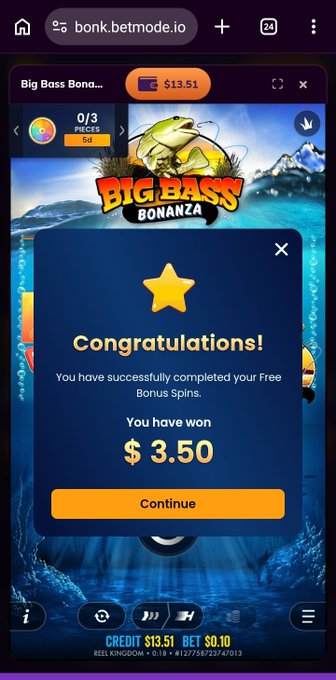 A mobile screenshot of a Big Bass Bonanza slot game on bonk.betmode.io showing a "Congratulations! You have won $3.50" popup with a credit balance of $13.51.