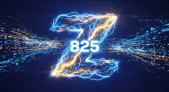 A digital artwork featuring a large, glowing letter 'Z' made of yellow and blue lightning with the number '825' superimposed in the center against a dark, abstract tech-themed background.