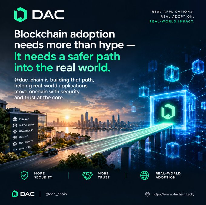 A promotional graphic for @dac_chain blockchain, with the message "Blockchain adoption needs more than hype — it needs a safer path into the real world," highlighting applications across Finance, Supply Chain, Healthcare, Gaming, and Real Estate.