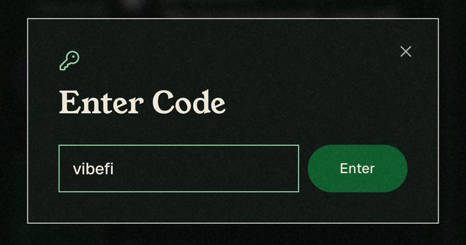 A dark-themed "Enter Code" modal shows the code "vibefi" typed into the input field next to a green "Enter" button, directly illustrating the post's instruction to use the code "vibefi" for a 1.5x points boost.