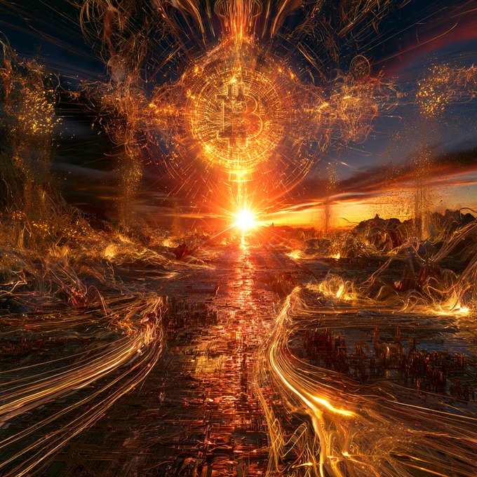 A vibrant, fiery digital artwork depicting a glowing golden path leading toward a bright sunset, crowned by a large, intricate mechanical sun symbol radiating golden energy.