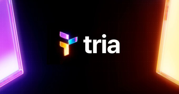The image shows an eye-catching poster or advertisement featuring the word "Tria" prominently displayed across the center, with a large graphic representing a tiered structure below it, resembling a pyramid. The colors used in the design are vibrant and bold, making the logo stand out. The content of the image seems to be related to cryptocurrency or blockchain technology, as suggested by the connection between the Tria logo and a post about building card models around a tiered structure that rewards deeper participation.