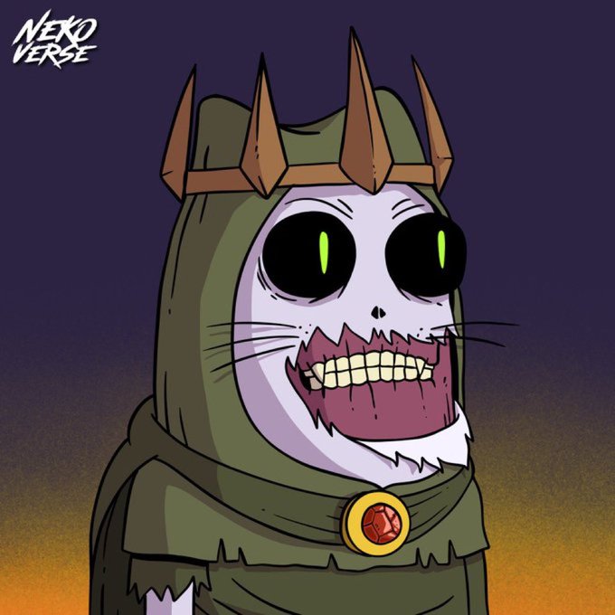 A skeletal cat wearing a spiked green hood and cloak with a red gem brooch grins menacingly against a dark purple and orange background, with "NEKOVERSE" text in the upper left corner, fitting the post's promotion of the "Crazy Cat Amigos" NFT collection launching on the Robinhood chain with 2,889 nekos.