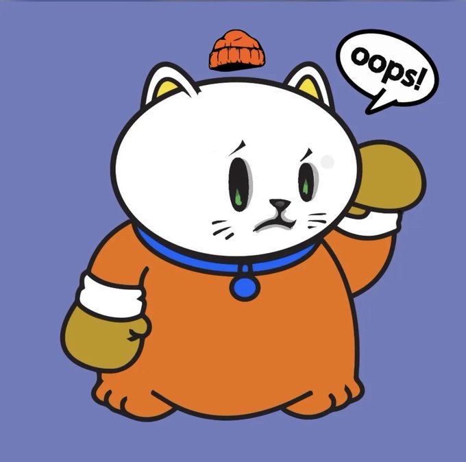 A cartoon illustration of a white cat wearing an orange outfit, blue collar, yellow mittens, and a small orange beanie, looking apologetic with a speech bubble that says 'oops!'.