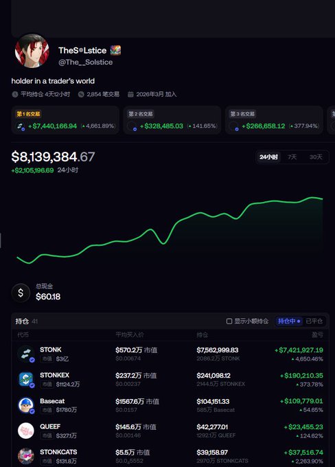 A cryptocurrency portfolio tracker showing user 'TheSolstice' holding a world record with $8,139,384.67 in assets, including STONK, STONKEX, Basecat, QUEEF, and STONKCATS.